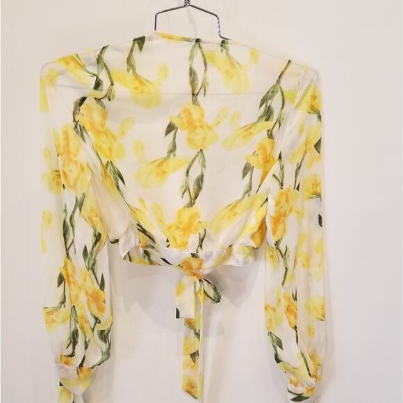 Luxxel Lemon Yellow Floral Cropped Cold Shoulder Wrap Blouse Lined Size M - Picture 9 of 13